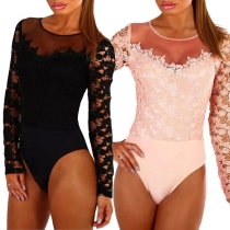 Sexy Round-neck Long Sleeve Embroidered Lace Spliced Slim Fit Zipper Jumpsuit