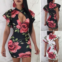 Sexy Lotus Sleeve Hollow Out Slim Fit Printed Dress