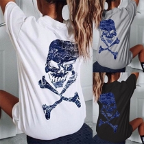 Fashion Contrast Color Skull Printed Pattern Short Sleeve Shirt 