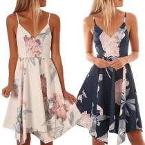 Sweet Deep V-neck Sleeveless Printed Pattern Irregular Hemline Dress