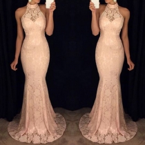 Sexy Halter Solid Color Embroidered Lace Spliced Slim Fit Over-hip Long Dress
