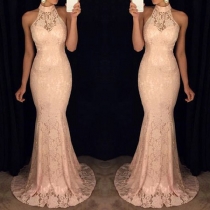 Sexy Halter Solid Color Embroidered Lace Spliced Slim Fit Over-hip Long Dress