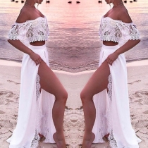 Sexy Boat-neck Short Sleeve Embroidered Chop Hemline Top + Long Slit Dress Two-piece Set