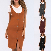 Fashion Solid Color Single-breasted Slit Hemline Sleeveless Slit Fit Knitted  Dress