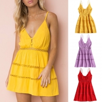 Sexy Solid Color Sling Deep V-neck Sleeveless Lace Embroidered Dress