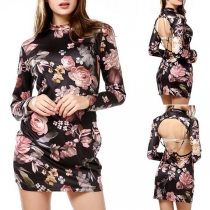 Fashion Round-neck Long Sleeve Backless Printed Pattern Over-hip Dress