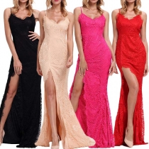 Sexy Deep V-neck Backless Sleeveless Solid Color Lace Embroidered Long Slit Dress