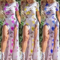 Fashion Round-neck Short Sleeve Printed Pattern Slim Fit Slit Over-hip Dress