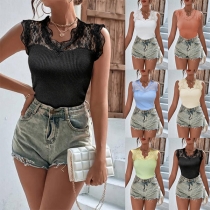 Sexy Lace Spliced Deep V-neck Slim Fit Tank Top