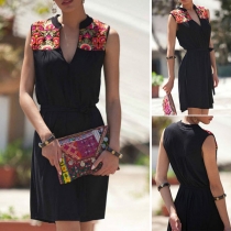 Elegant Solid Color Sleeveless V-neck Embroidered Dress