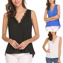 Sexy Lace Spliced V-neck Sleeveless High-low Hem Chiffon Top 