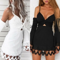 Sexy Off-shoulder Trumpet Sleeve Lace Spliced Sling Dress
