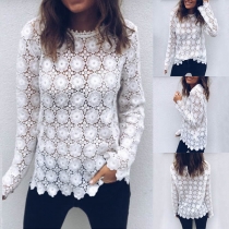 Fashion Long Sleeve Round Neck Hollow Out Lace Top 
