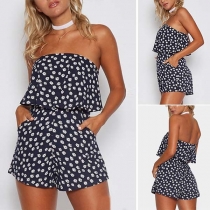 Sexy Boat-neck Off-shoulder Sleeveless Printed Short Jumpsuit