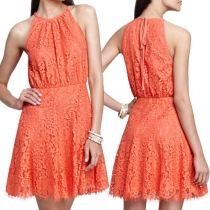 Sexy Round-neck Solid Color Embroidered Sleeveless Lace Spliced Slim Fit Dress