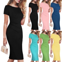 Sexy Solid Color Short Sleeve Backless Slim Fit Zipper Over-hip Dress