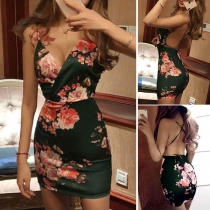 Sexy V-neck Lace-up Backless Floral Printed Slim-fit Cami Dress