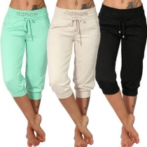 Fashion Solid Color Low-waist Side-button Casual Capri Pants