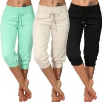 Fashion Solid Color Low-waist Side-button Casual Capri Pants
