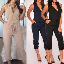 Sexy Deep V-neck Sleeveless Solid Color Jumpsuit 