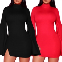 Sexy Slit Long Sleeve Round Neck Solid Color Slim Fit Dress