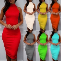 Elegant Solid Color Sleeveless Mock Neck Slim Fit Dress