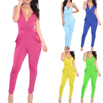 Sexy Backless Deep V-neck High Waist Solid Color Sling Jumpsuit