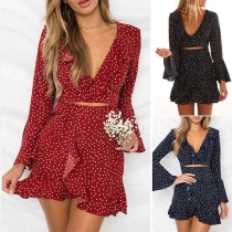 Sexy Deep V-neck Trumpet Sleeve Ruffle Hem Dots Printed Dress