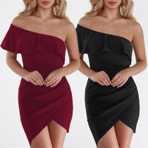 Sexy Oblique Shoulder Irregular Hem Solid Color Slim Fit Dress