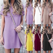 Fashion Solid Color Short Sleeve V-neck Dress