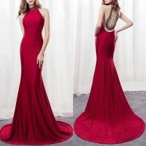 Sexy Backless Solid Color Halter Floor-length Party Dress