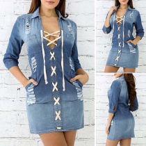 Chic Style 3/4 Sleeve POLO Collar Lace-up Ripped Denim Dress