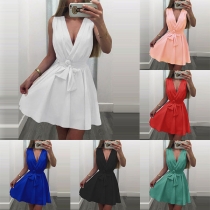Sexy Deep V-neck Sleeveless Solid Color Dress