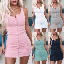Simple Style Sleeveless Round Neck Single-breasted Slim Fit Dress