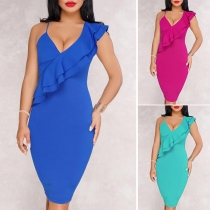 Sexy Oblique Shoulder V-neck Solid Color Slim Fit Ruffle Dress