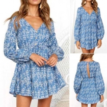 Sexy V-neck Long Sleeve Ruffle Hem Printed Dress