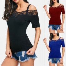 Sexy Off-shoulder Short Sleeve Lace Spliced Sling T-shirt 