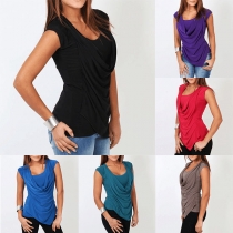Fashion Solid Color Sleeveless Cowl Neck Irregular Hem T-shirt