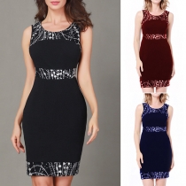 Elegant Solid Color Sleeveless Round Neck Slim Fit Printed Dress