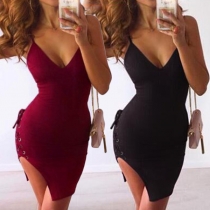 Sexy Deep V-neck Side-slit Hem Sling Tight Dress