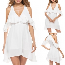 Sexy Off-shoulder Deep V-neck High Waist Solid Color Dress