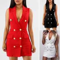 Fashion Lapel Double-breasted Pockets Sleeveless Slim Fit Over-hip Dress