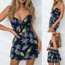Sexy Sling Deep V-neck Sleeveless Backless Printed Pattern Over-hip Dress