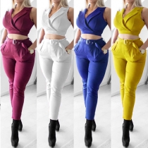 Fashion Solid Color Lapel Sleeveless Shirt + Slim Fit Pants Blazer Two-piece Set