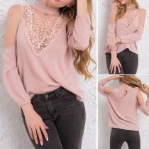 Sweet Solid Color Lace Spliced Off-shoulder Embroidered Chiffon Shirt