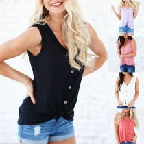 Fashion Deep V-neck Solid Color Sleeveless Single-breasted Knitted Shirt