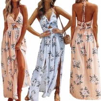 Sexy Deep V-neck Sleeveless Backless Twist Hollow Out Lace-up Long Slit Printed Dress