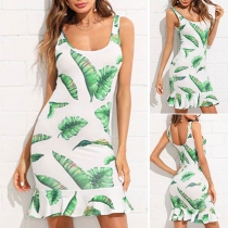 Sexy Round-neck Printed Backless Sleeveless Lotus Hemline Over-hip Dress