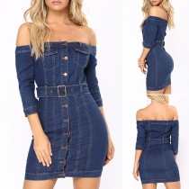 Sexy Off-shoulder Boat Neck Single-breasted Slim Fit Denim Dress