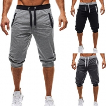 Fashion Contrast Color Drawstring Waist Men's Knee-length Sports Shorts